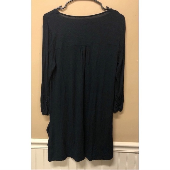 LOGO Lori Goldstein Black Tunic Scoop Neck Ruched 3/4 Sleeves Draping Pockets - Picture 2 of 7